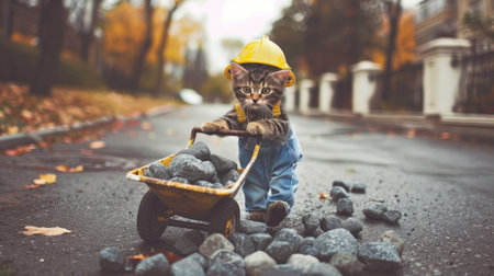 an orange cat dressed in overalls and a hard hat, humorously portraying a construction worker as it pushes a yellow wheelbarrow on a construction siteの素材