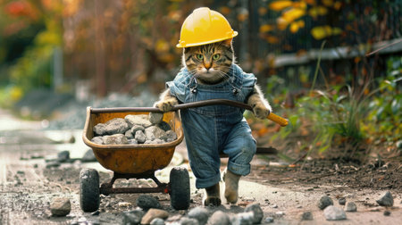 an orange cat dressed in overalls and a hard hat, humorously portraying a construction worker as it pushes a yellow wheelbarrow on a construction siteの素材