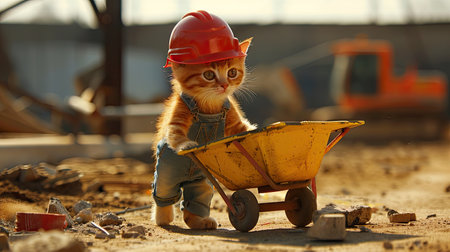 an orange cat dressed in overalls and a hard hat, humorously portraying a construction worker as it pushes a yellow wheelbarrow on a construction siteの素材