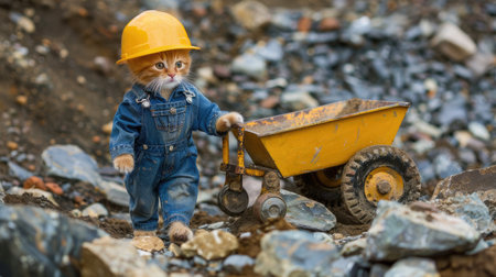 an orange cat dressed in overalls and a hard hat, humorously portraying a construction worker as it pushes a yellow wheelbarrow on a construction siteの素材