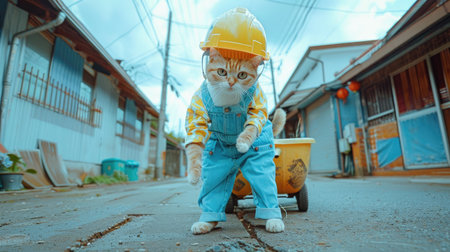 an orange cat dressed in overalls and a hard hat, humorously portraying a construction worker as it pushes a yellow wheelbarrow on a construction siteの素材