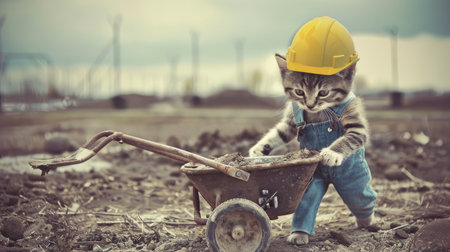 an orange cat dressed in overalls and a hard hat, humorously portraying a construction worker as it pushes a yellow wheelbarrow on a construction siteの素材