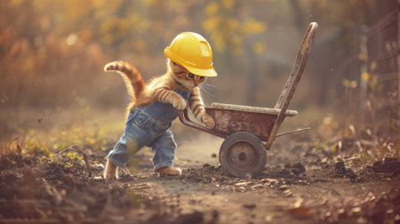 an orange cat dressed in overalls and a hard hat, humorously portraying a construction worker as it pushes a yellow wheelbarrow on a construction siteの素材
