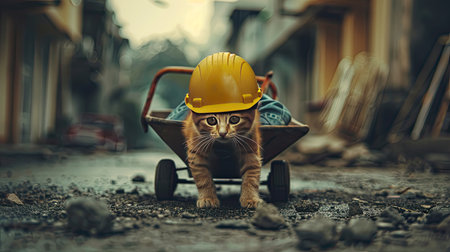 an orange cat dressed in overalls and a hard hat, humorously portraying a construction worker as it pushes a yellow wheelbarrow on a construction siteの素材