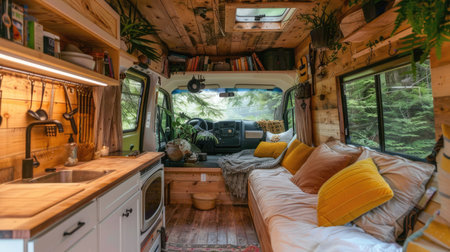 a cozy van life interior, featuring warm wood walls and ceiling, a comfortable sofa adorned with plush pillows, a small fireplace, bookshelves lining the walls, a serene forestの素材