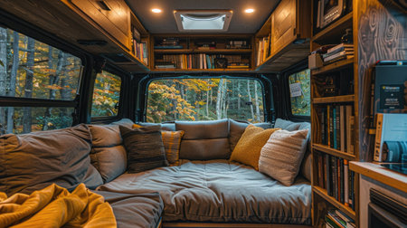 a cozy van life interior, featuring warm wood walls and ceiling, a comfortable sofa adorned with plush pillows, a small fireplace, bookshelves lining the walls, a serene forestの素材