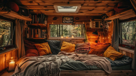 a cozy van life interior, featuring warm wood walls and ceiling, a comfortable sofa adorned with plush pillows, a small fireplace, bookshelves lining the walls, a serene forestの素材