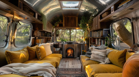 a cozy van life interior, featuring warm wood walls and ceiling, a comfortable sofa adorned with plush pillows, a small fireplace, bookshelves lining the walls, a serene forestの素材