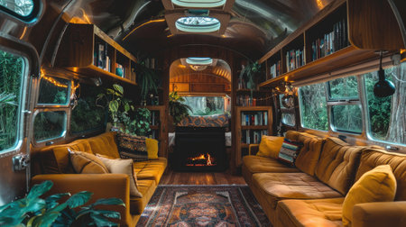 a cozy van life interior, featuring warm wood walls and ceiling, a comfortable sofa adorned with plush pillows, a small fireplace, bookshelves lining the walls, a serene forestの素材