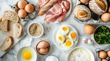 fresh bread, eggs, and ham arranged on an elegant marble kitchen counter, bathed in natural light that casts soft shadows, creating a warm and inviting ambiance with ample space for text or product placement.の素材