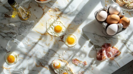 fresh bread, eggs, and ham arranged on an elegant marble kitchen counter, bathed in natural light that casts soft shadows, creating a warm and inviting ambiance with ample space for text or product placement.の素材