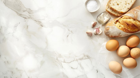 fresh bread, eggs, and ham arranged on an elegant marble kitchen counter, bathed in natural light that casts soft shadows, creating a warm and inviting ambiance with ample space for text or product placement.の素材