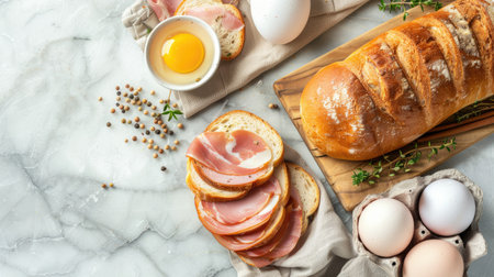 fresh bread, eggs, and ham arranged on an elegant marble kitchen counter, bathed in natural light that casts soft shadows, creating a warm and inviting ambiance with ample space for text or product placement.の素材
