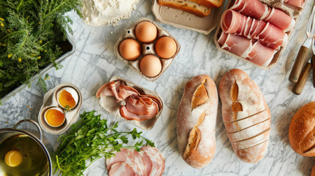 fresh bread, eggs, and ham arranged on an elegant marble kitchen counter, bathed in natural light that casts soft shadows, creating a warm and inviting ambiance with ample space for text or product placement.の素材