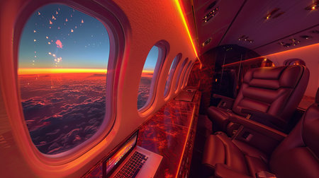 a private jet interior at sunset, with a sleek laptop resting on a table, offering a glimpse of the golden hues of the evening sky through the windowsの素材