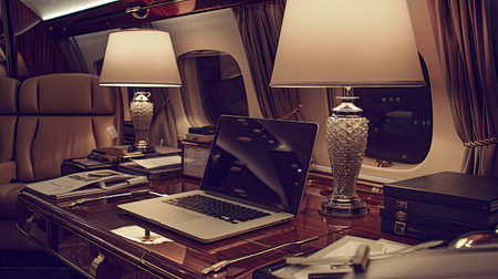 a private jet interior at sunset, with a sleek laptop resting on a table, offering a glimpse of the golden hues of the evening sky through the windowsの素材