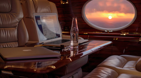 a private jet interior at sunset, with a sleek laptop resting on a table, offering a glimpse of the golden hues of the evening sky through the windowsの素材