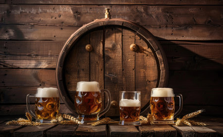 beers and beer mugs displayed in front of a wooden barrel, against a backdrop of a brown wooden wall, with wheat ears accentuating the rustic ambianceの素材