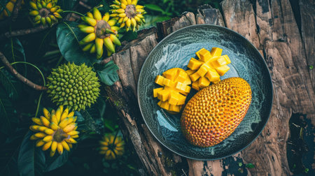 a plate of freshly sliced mangoes arranged alongside a whole yellow wooden jackfruit on a pristine white background, evoking the vibrancy of exotic fruitsの素材
