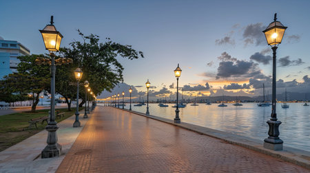 sunrise with a picturesque walkway along the water, adorned with charming street lamps, evoking the tranquility and elegance of Haag's signature styleの素材