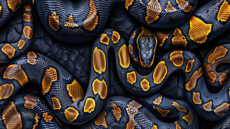 a seamless snake skin pattern, showing the natural blend of yellow and brown rough scale prints against a leather background.の素材