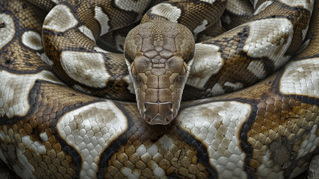 an exotic snake elegantly coiled around white eggs, accentuating its striking pattern while showing the intricate texture of each egg in vivid detailの素材