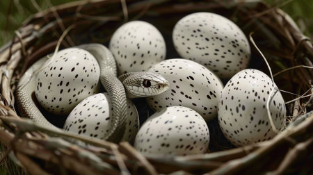 an exotic snake elegantly coiled around white eggs, accentuating its striking pattern while showing the intricate texture of each egg in vivid detailの素材