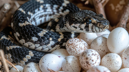 an exotic snake elegantly coiled around white eggs, accentuating its striking pattern while showing the intricate texture of each egg in vivid detailの素材