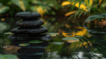 a spa oasis featuring balanced black stones delicately stacked, their reflections shimmering in the serene water below, with a lush green leaf suspended above, enhancing the peaceful ambianceの素材
