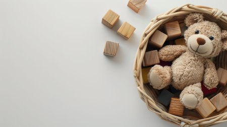 a charming basket filled with an assortment of toys-wooden and plastic blocks, cuddly teddy bears, and a cheerful rattle toy-set against a serene blue backdrop, evoking memories of childhood playtimeの素材
