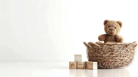 a charming basket filled with an assortment of toys-wooden and plastic blocks, cuddly teddy bears, and a cheerful rattle toy-set against a serene blue backdrop, evoking memories of childhood playtimeの素材