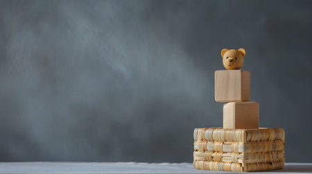 a charming basket filled with an assortment of toys-wooden and plastic blocks, cuddly teddy bears, and a cheerful rattle toy-set against a serene blue backdrop, evoking memories of childhood playtimeの素材