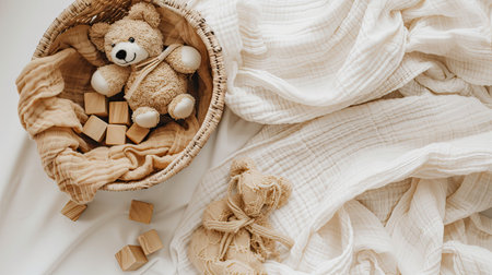 a charming basket filled with an assortment of toys-wooden and plastic blocks, cuddly teddy bears, and a cheerful rattle toy-set against a serene blue backdrop, evoking memories of childhood playtimeの素材