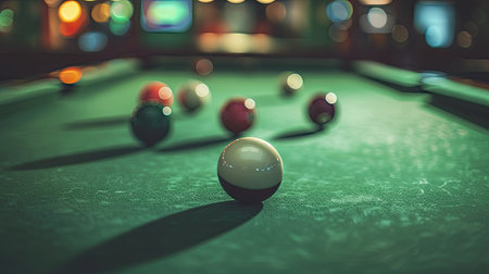 the white ball in sharp focus on the green felt cloth, surrounded by maroon and green balls blurred in the background, evoking the intensity of the matchの素材