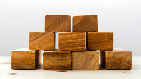 wooden cubes meticulously arranged in the shape of a pyramid against a light background, offering ample copy space for conceptual designs or messages.の素材