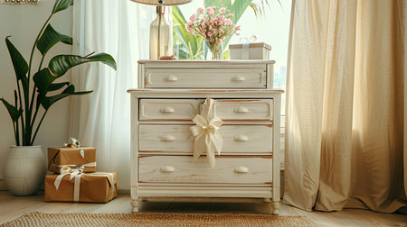 a white chest of drawers adorned with a bottle of pink flowers, a stylish lamp, and gift bags and boxes with delicate white bows, set against the backdrop of a window framed by a beige curtainの素材
