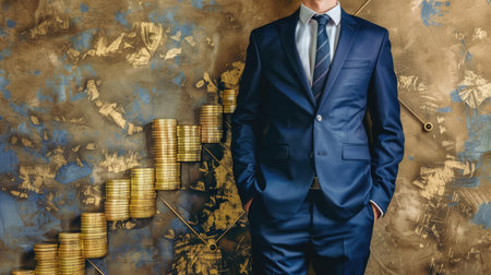 a businessman confidently standing with hands in pockets amidst a backdrop of gold coins and a bar graph, symbolizing financial success and business acumen through graphic representationの素材