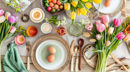 a table set with white tulips, a vibrant green place mat, and a colorful egg on a plate surrounded by utensils, complemented by two glasses of red wine, a large glass lamp, and flickering candlesの素材