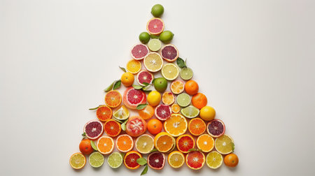 Christmas tree-shaped arrangement crafted from vibrant citrus fruits, standing out against a pristine white background, evoking holiday cheer and freshnessの素材