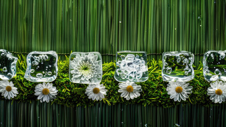 a row of ice cubes, each containing clear water, meticulously arranged on a bamboo mat against the backdrop of lush green grass, evoking a sense of refreshment and natural tranquilityの素材