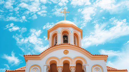 a church building adorned with golden crosses and symbols atop its roof, set against a backdrop of clear blue sky, radiating a sense of spiritual reverence and divine serenityの素材