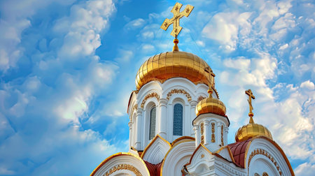 a church building adorned with golden crosses and symbols atop its roof, set against a backdrop of clear blue sky, radiating a sense of spiritual reverence and divine serenityの素材