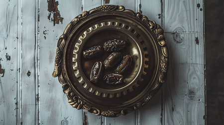 an ornate bronze bowl atop a white wooden table, against a Ramadan-themed backdrop, providing ample copy space for text to convey the essence of the holy monthの素材