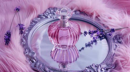 Perfume bottle with lavender flowers on a pink fur backgroundの素材