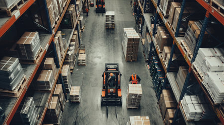 High angle view of forklift working in warehouse. This is a freight transportation and distribution warehouse. Industrial and industrial workers conceptの素材