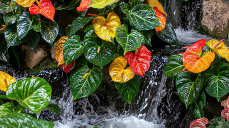 Red and green anthurium flowers with waterfall in the background.の素材