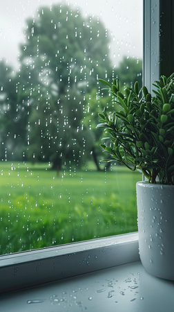 Raindrops falling on the window with a potted plant in the foregroundの素材