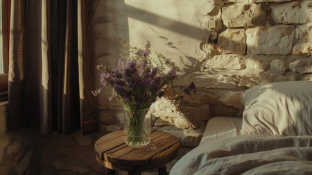 Bouquet of lavender flowers in vase on wooden table in bedroomの素材