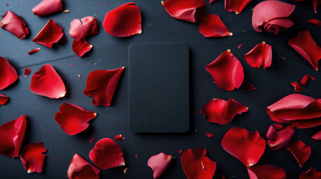 Valentines day background with red rose petals on black tableの素材