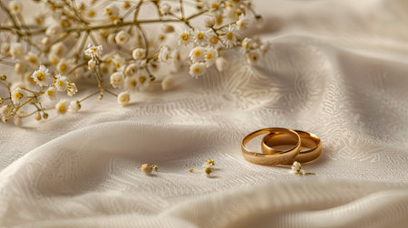 wedding rings and gypsophila flowers on white fabricの素材
